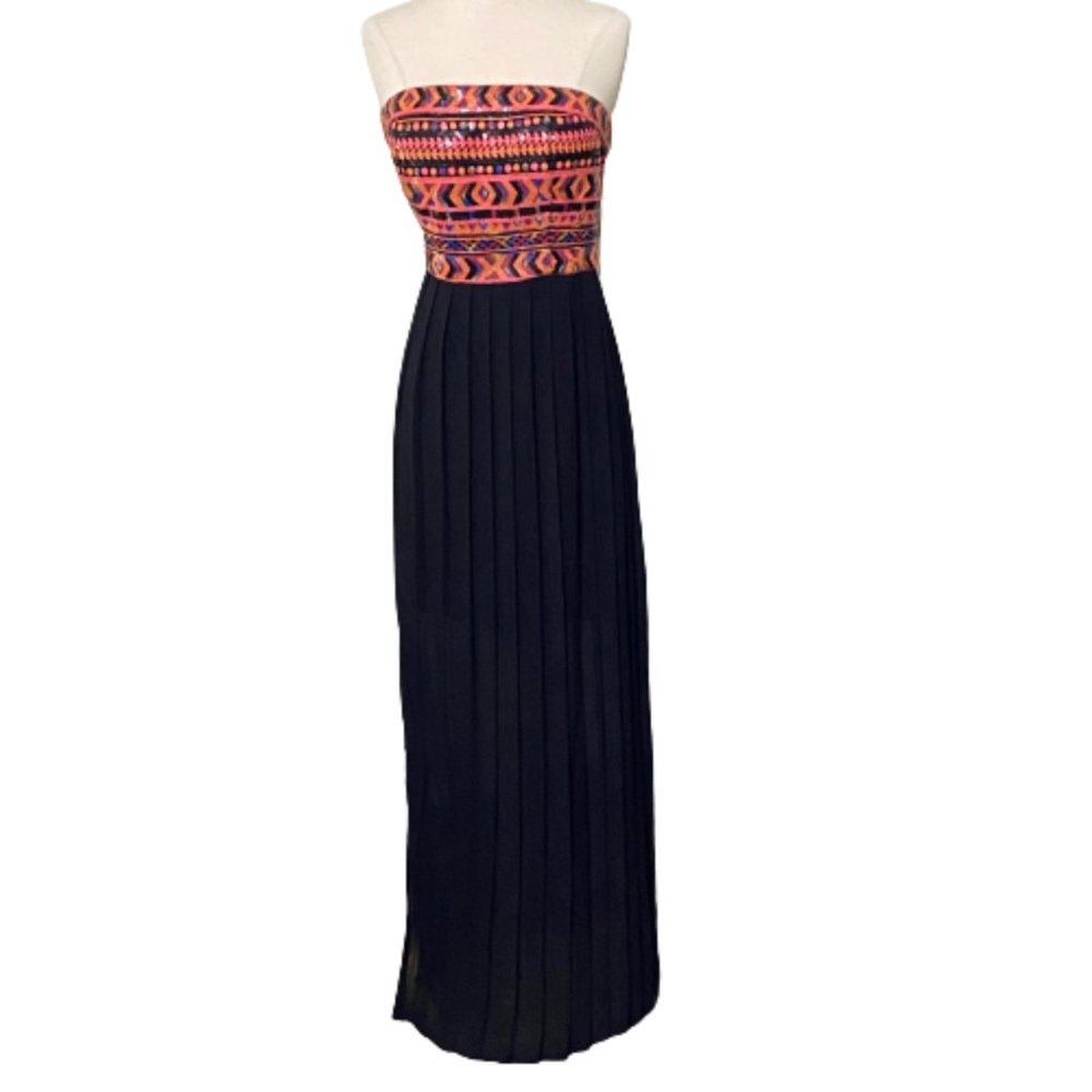 GB Orange Sequence Black pleated Long Dress SZ L